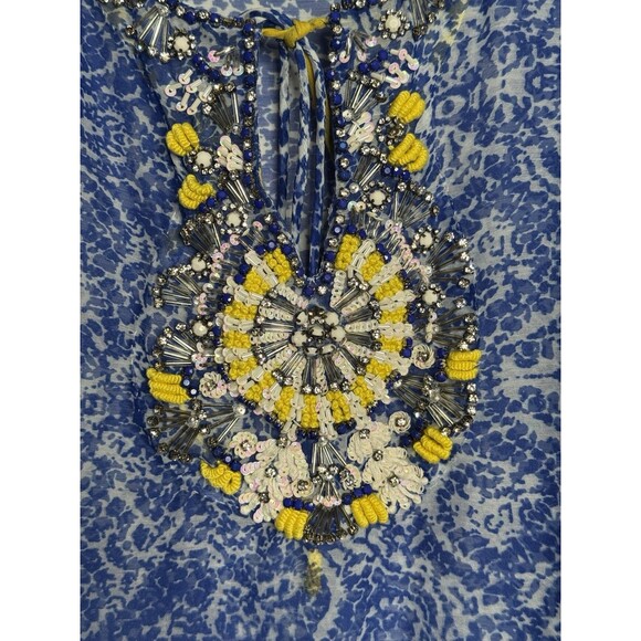 Soft Surroundings Beaded Tunic Top L Blue Yellow Sheer Tie Front Shirt Blouse - Picture 2 of 5